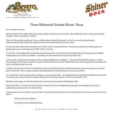 Spoetzl Brewery's open letter